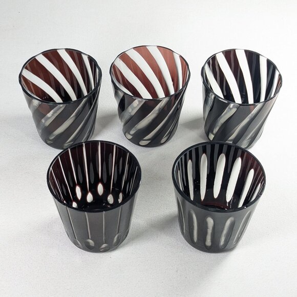 Vintage 5 Bohemian Ruby Cut To Clear Low Ball Whiskey Tumbler Swirls Lines Ovals - Picture 1 of 15